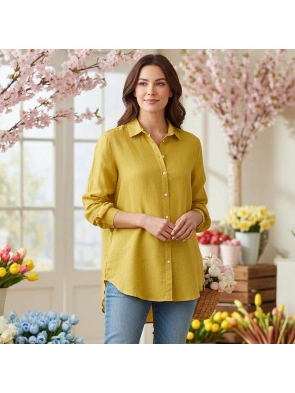 LOFT Cotton Blend Voile Buttondown Shirt Blouse Top Yellow Collared Sz Large